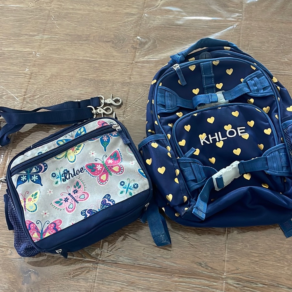 Pottery Barn Mackenzie Navy Gold Hearts Lunchbox +‎ Backpack - Khloe Embroidery